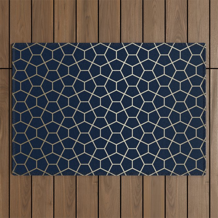 Abstract Geometric Pattern, Navy Blue and Gold Outdoor Rug Gallery Image 1