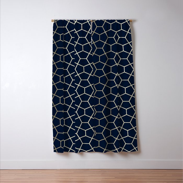 Abstract Geometric Pattern, Navy Blue and Gold Window Curtain Gallery Image 3