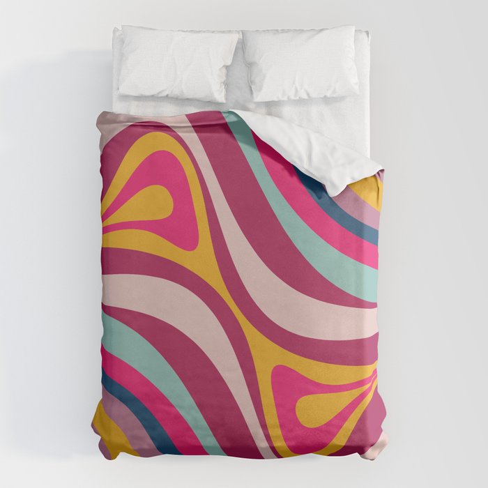 New Groove Colorful Retro Swirl Abstract Pattern Magenta Blue Aqua Pink Mustard Duvet Cover Gallery Image 1