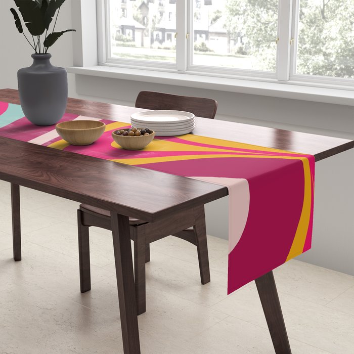 New Groove Colorful Retro Swirl Abstract Pattern Magenta Blue Aqua Pink Mustard Table Runner Gallery Image 2
