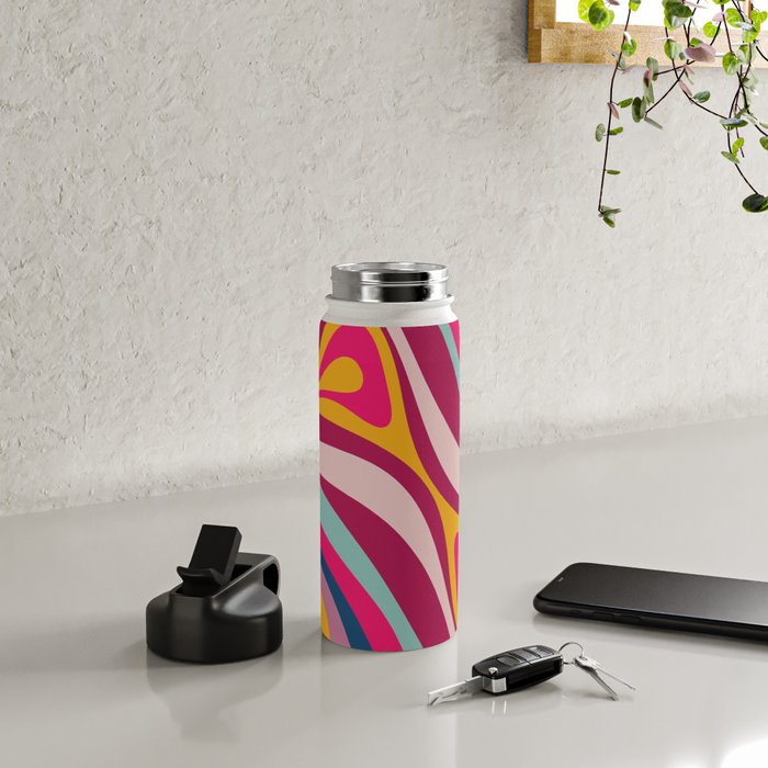 New Groove Colorful Retro Swirl Abstract Pattern Magenta Blue Aqua Pink Mustard Water Bottle Gallery Image 4