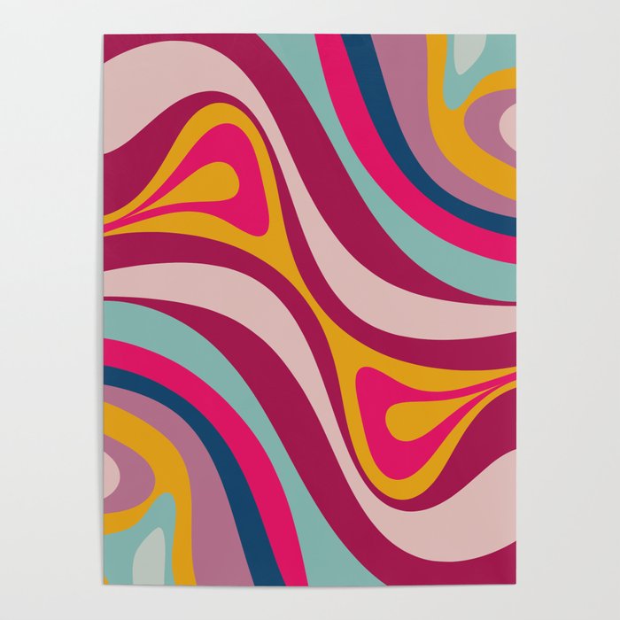 New Groove Colorful Retro Swirl Abstract Pattern Magenta Blue Aqua Pink Mustard Poster Gallery Image 4