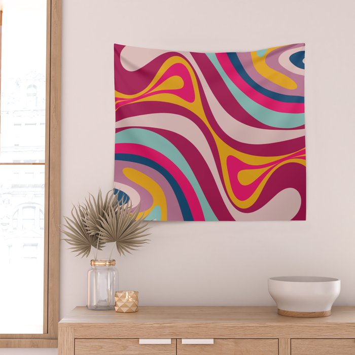 New Groove Colorful Retro Swirl Abstract Pattern Magenta Blue Aqua Pink Mustard Wall Tapestry Gallery Image 2