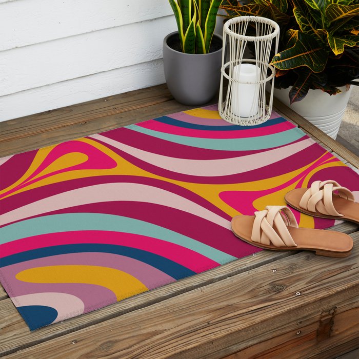 New Groove Colorful Retro Swirl Abstract Pattern Magenta Blue Aqua Pink Mustard Outdoor Rug Gallery Image 2