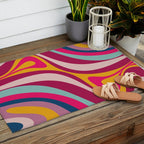 New Groove Colorful Retro Swirl Abstract Pattern Magenta Blue Aqua Pink Mustard Outdoor Rug Gallery Image 2