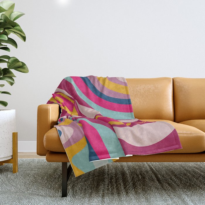 New Groove Colorful Retro Swirl Abstract Pattern Magenta Blue Aqua Pink Mustard Throw Blanket Gallery Image 1