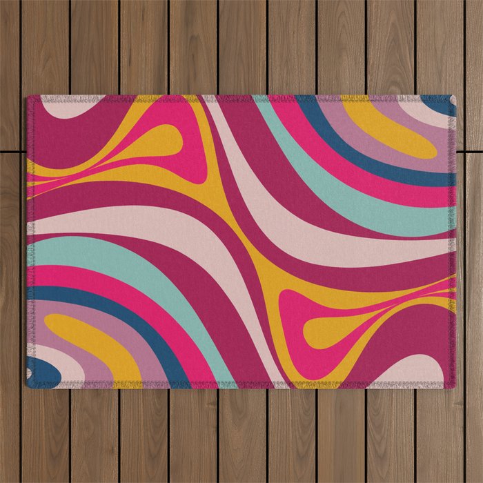 New Groove Colorful Retro Swirl Abstract Pattern Magenta Blue Aqua Pink Mustard Outdoor Rug Gallery Image 1