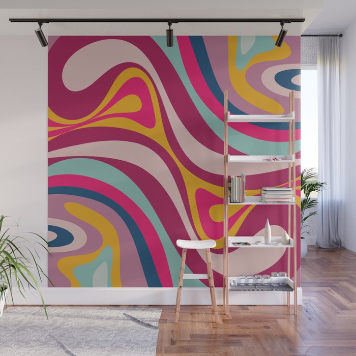 New Groove Colorful Retro Swirl Abstract Pattern Magenta Blue Aqua Pink Mustard Wall Mural Gallery Image 1
