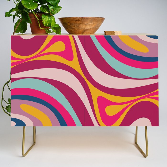 New Groove Colorful Retro Swirl Abstract Pattern Magenta Blue Aqua Pink Mustard Credenza Gallery Image 1