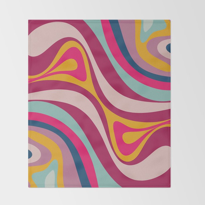 New Groove Colorful Retro Swirl Abstract Pattern Magenta Blue Aqua Pink Mustard Throw Blanket Gallery Image 2