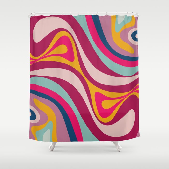 New Groove Colorful Retro Swirl Abstract Pattern Magenta Blue Aqua Pink Mustard Shower Curtain Gallery Image 1