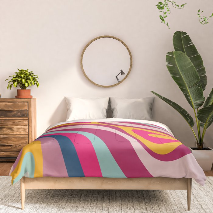 New Groove Colorful Retro Swirl Abstract Pattern Magenta Blue Aqua Pink Mustard Comforter Gallery Image 3