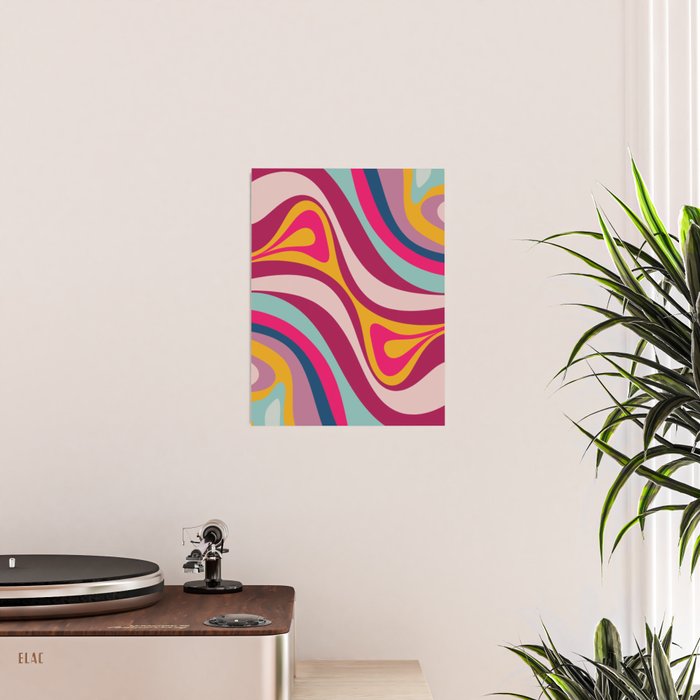 New Groove Colorful Retro Swirl Abstract Pattern Magenta Blue Aqua Pink Mustard Poster Gallery Image 2