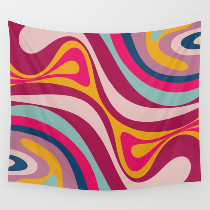New Groove Colorful Retro Swirl Abstract Pattern Magenta Blue Aqua Pink Mustard Wall Tapestry Gallery Image 4