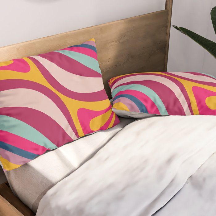 New Groove Colorful Retro Swirl Abstract Pattern Magenta Blue Aqua Pink Mustard Pillow Sham Gallery Image 2