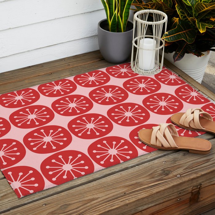 Atomic Age Mid Century Modern Retro Dots in Vintage Christmas Red and Pink Outdoor Rug Gallery Image 2