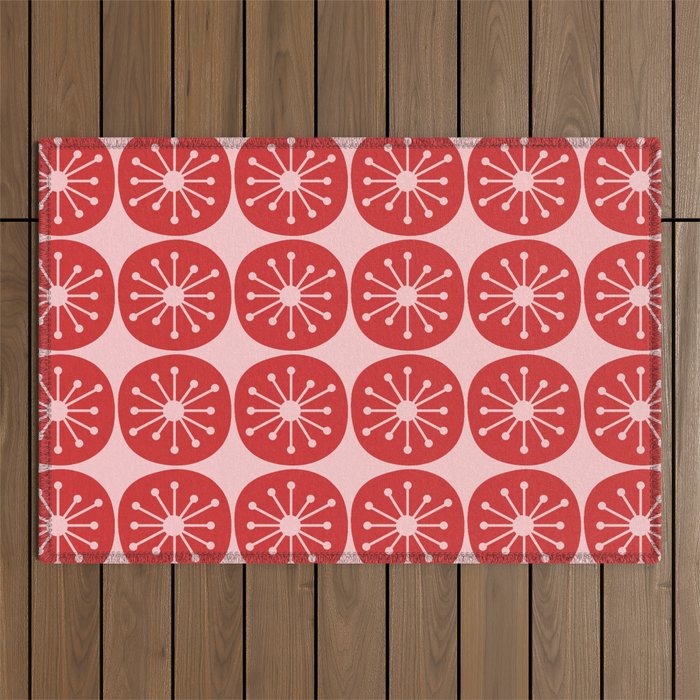 Atomic Age Mid Century Modern Retro Dots in Vintage Christmas Red and Pink Outdoor Rug Gallery Image 1