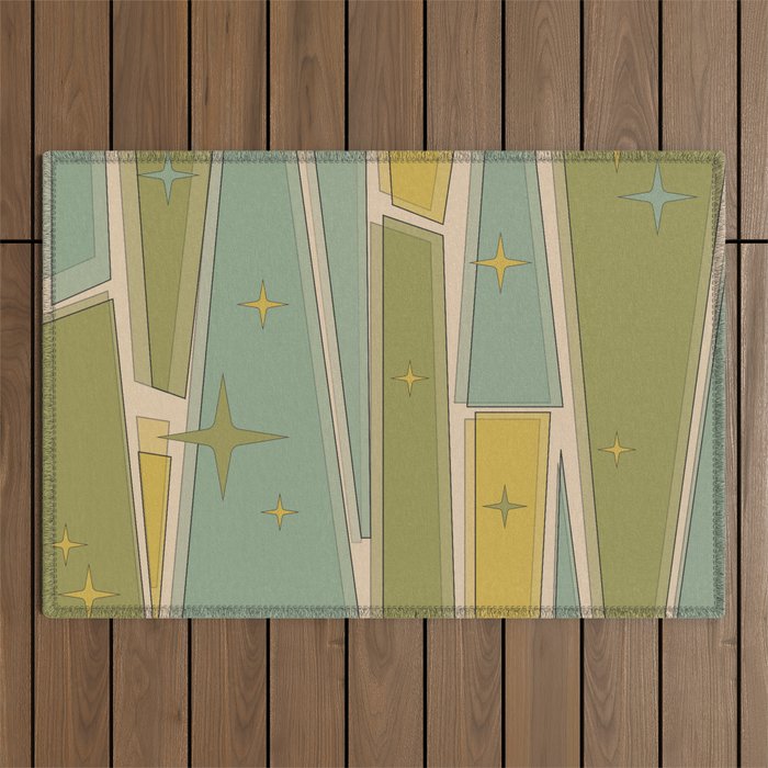 Mid Century Modern Atomic Vintage Retro Stained Glass and Stars Abstract Outdoor Rug Gallery Image 1