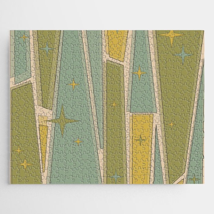 Mid Century Modern Atomic Vintage Retro Stained Glass and Stars Abstract Jigsaw Puzzle Gallery Image 1