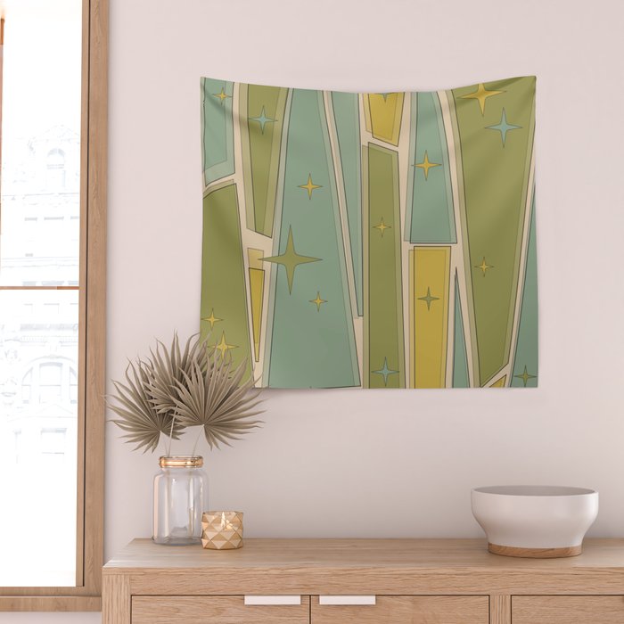 Mid Century Modern Atomic Vintage Retro Stained Glass and Stars Abstract Wall Tapestry Gallery Image 2