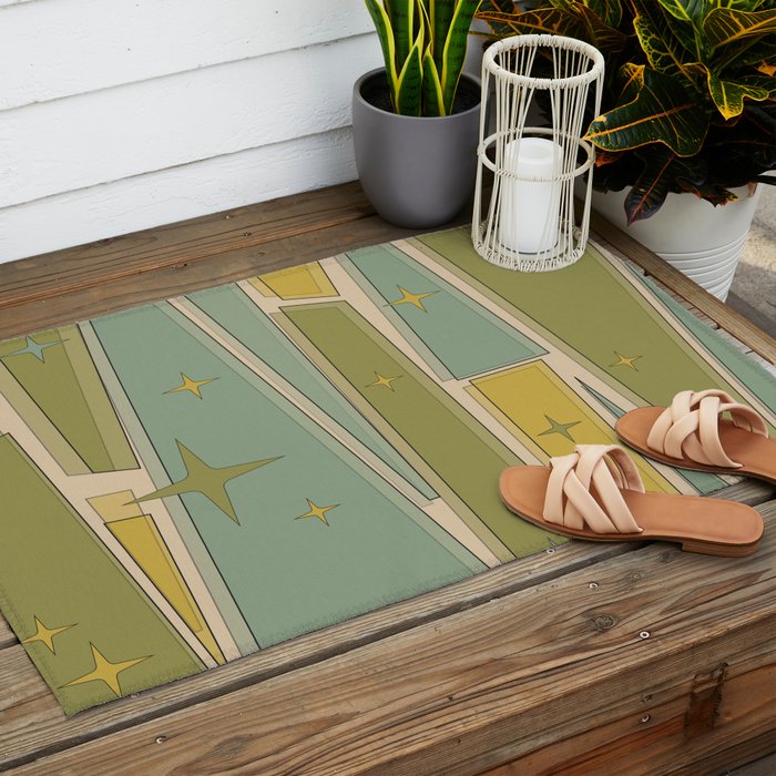 Mid Century Modern Atomic Vintage Retro Stained Glass and Stars Abstract Outdoor Rug Gallery Image 2