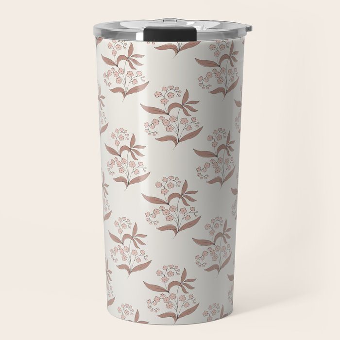 Block Print Line Art Floral - Pink Brown Travel Mug Gallery Image 1