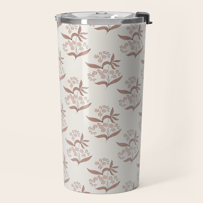 Block Print Line Art Floral - Pink Brown Travel Mug Gallery Image 2
