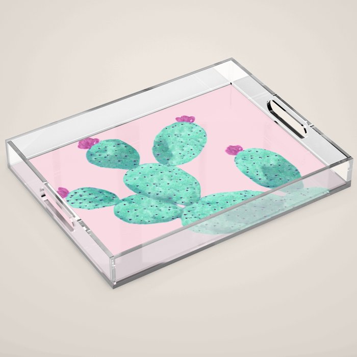Cactus with pink flowers Acrylic Tray Gallery Image 1