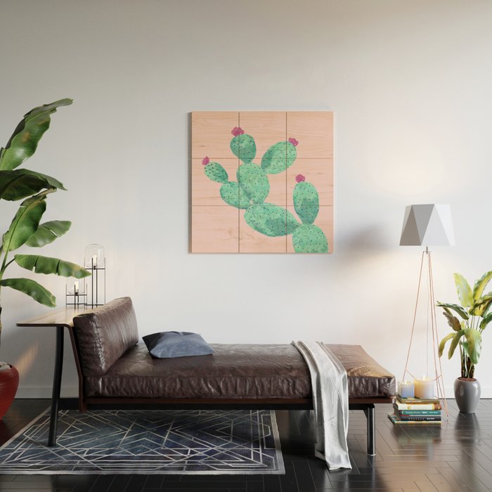 Cactus with pink flowers Wood Wall Art Gallery Image 2