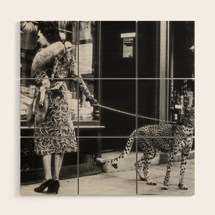 Leopard on a Leash, Black and White Vintage Art Wood Wall Art Gallery Image 1