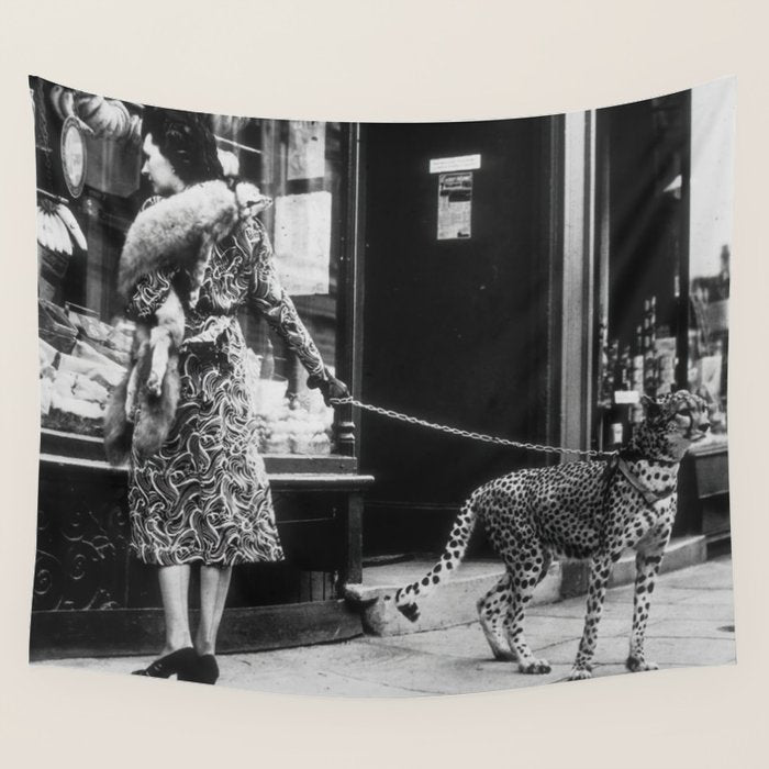 Leopard on a Leash, Black and White Vintage Art Wall Tapestry Gallery Image 4