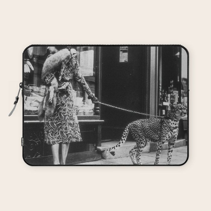 Leopard on a Leash, Black and White Vintage Art Laptop Sleeve Gallery Image 1