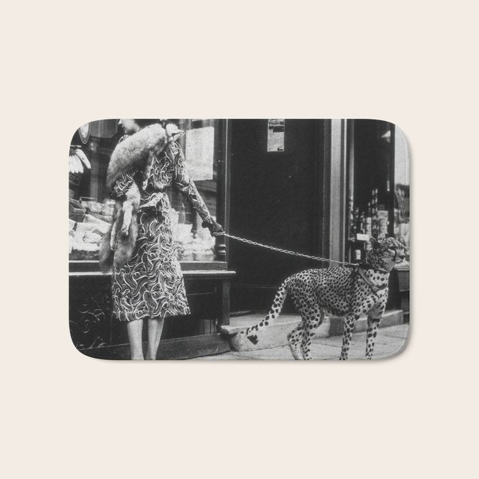 Leopard on a Leash, Black and White Vintage Art Bath Mat Gallery Image 1