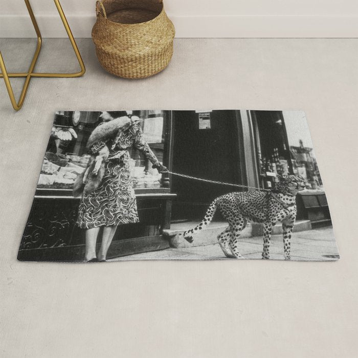 Leopard on a Leash, Black and White Vintage Art Rug Gallery Image 1