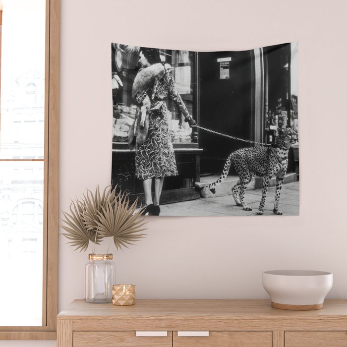 Leopard on a Leash, Black and White Vintage Art Wall Tapestry Gallery Image 2