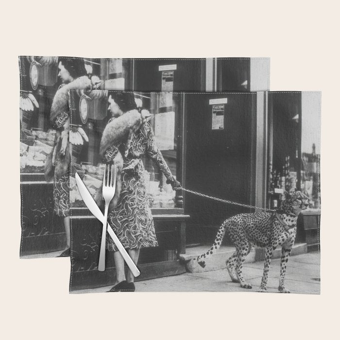 Leopard on a Leash, Black and White Vintage Art Placemat Gallery Image 1