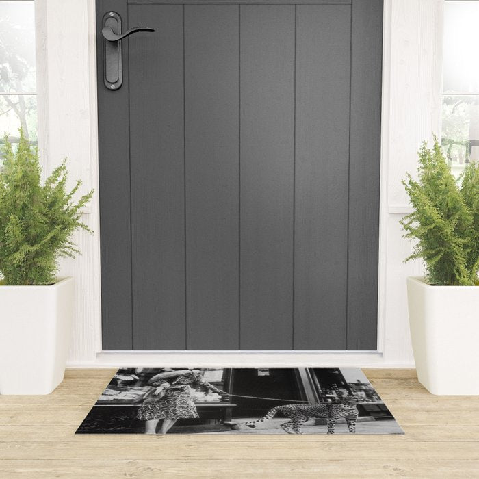 Leopard on a Leash, Black and White Vintage Art Welcome Mat Gallery Image 3