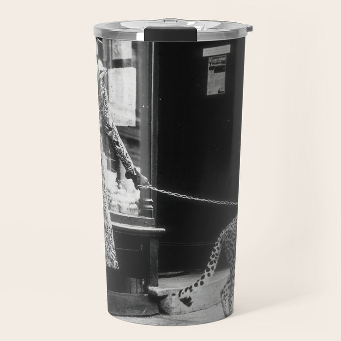 Leopard on a Leash, Black and White Vintage Art Travel Mug Gallery Image 1