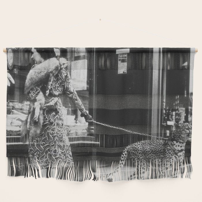 Leopard on a Leash, Black and White Vintage Art Wall Hanging Gallery Image 1
