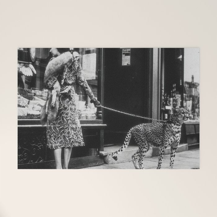 Leopard on a Leash, Black and White Vintage Art Welcome Mat Gallery Image 1