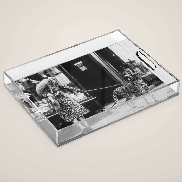 Leopard on a Leash, Black and White Vintage Art Acrylic Tray Gallery Image 1