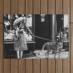 Leopard on a Leash, Black and White Vintage Art Outdoor Rug Gallery Image 1