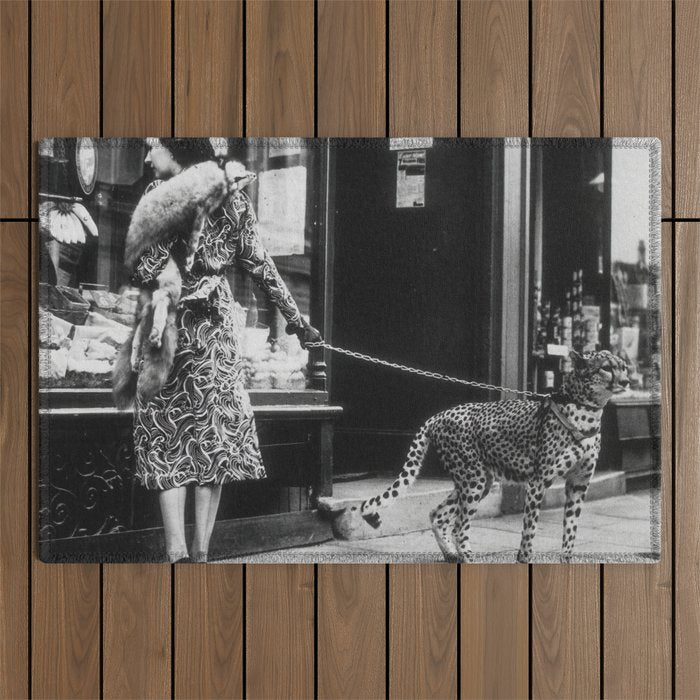 Leopard on a Leash, Black and White Vintage Art Outdoor Rug Gallery Image 1