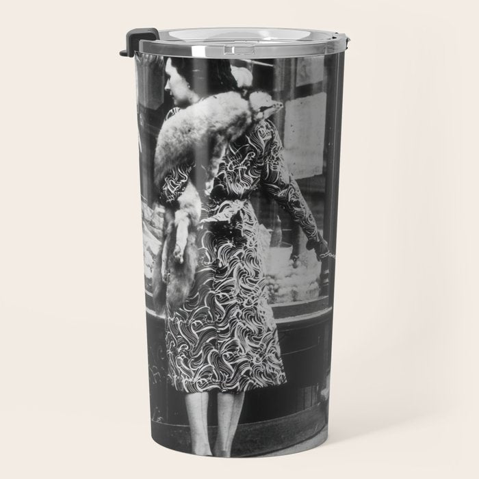 Leopard on a Leash, Black and White Vintage Art Travel Mug Gallery Image 3