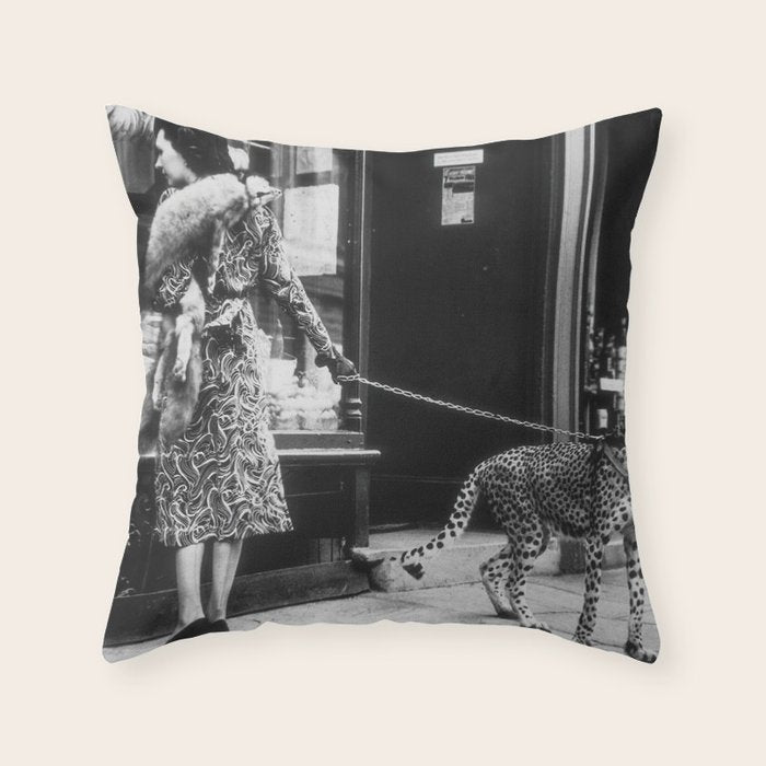Leopard on a Leash, Black and White Vintage Art Throw Pillow Gallery Image 6