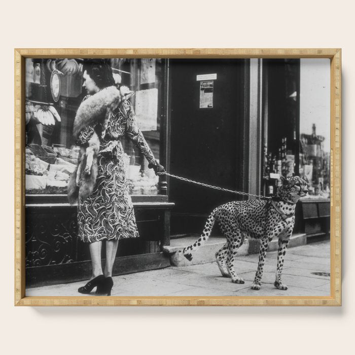 Leopard on a Leash, Black and White Vintage Art Serving Tray Gallery Image 1