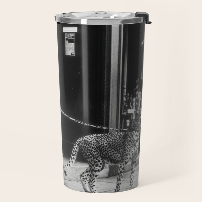 Leopard on a Leash, Black and White Vintage Art Travel Mug Gallery Image 2