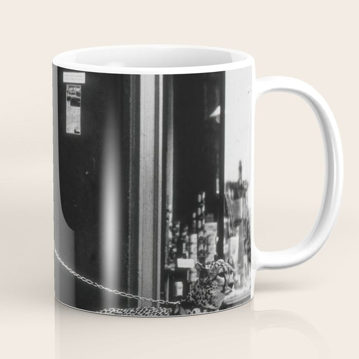 Leopard on a Leash, Black and White Vintage Art Coffee Mug Gallery Image 1