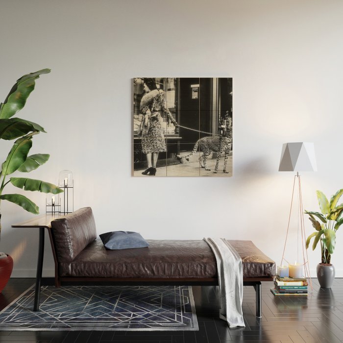 Leopard on a Leash, Black and White Vintage Art Wood Wall Art Gallery Image 2