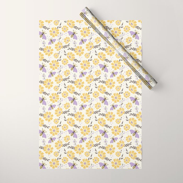 Honey Bees and Flowers - Yellow and Lavender Purple Wrapping Paper Gallery Image 1